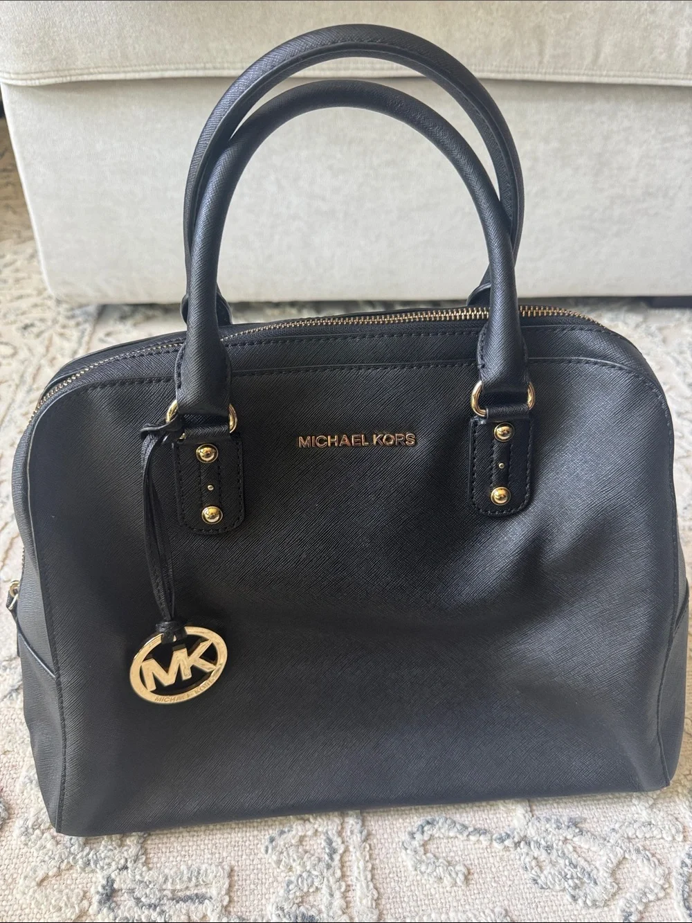 Michael Kors Black Leather Dome Satchel with Gold Hardware